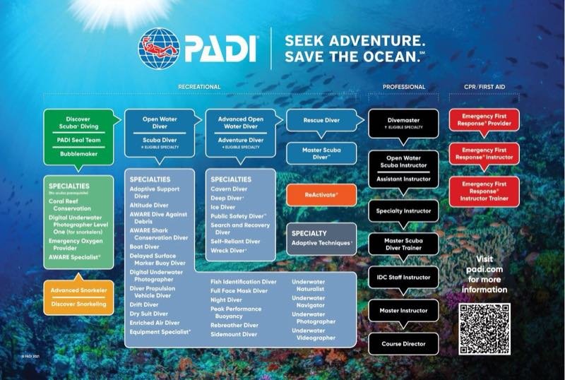 The PADI course flow chart showing how recreational and professional certifications build on each other